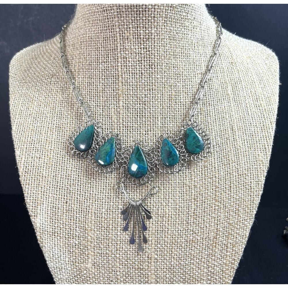 Chrysocolla Semiprecious Stone & Alpaca Silver Handmade Necklace From Peru NEW